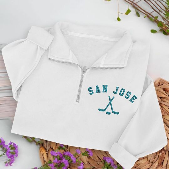 San Jose Hockey Embroidered Quarter Zip Sweatshirt, Cozy Cotton Blend Pullover