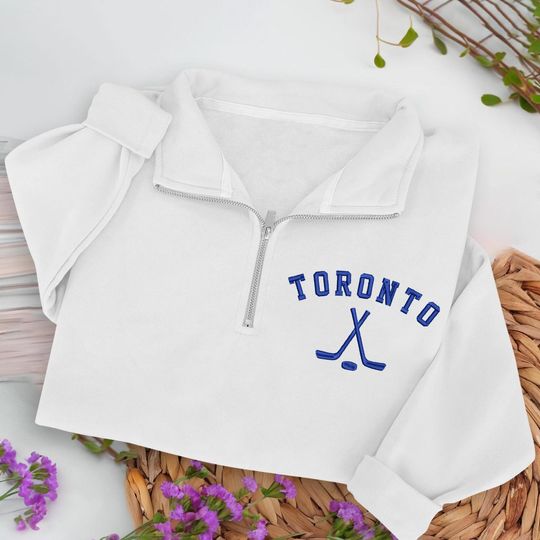 Toronto Hockey Embroidered Quarter Zip Sweatshirt, Cozy Cotton Blend Pullover