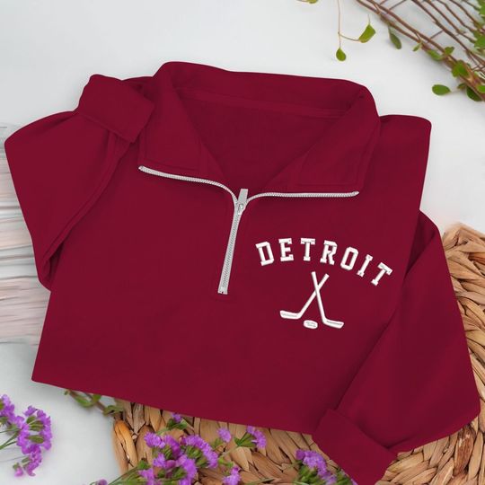 Detroit Hockey Embroidered Quarter Zip Sweatshirt, Cozy Cotton Blend Pullover