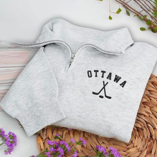 Ottawa Hockey Embroidered Quarter Zip Sweatshirt, Cozy Cotton Blend Pullover