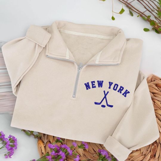 New York Hockey Embroidered Quarter Zip Sweatshirt, Cozy Cotton Blend Pullover