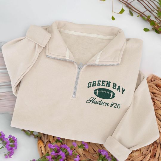 Embroidered Green Bay Quarter Zip Sweatshirt: Personalized Football Pullover, Custom Cozy Game Day