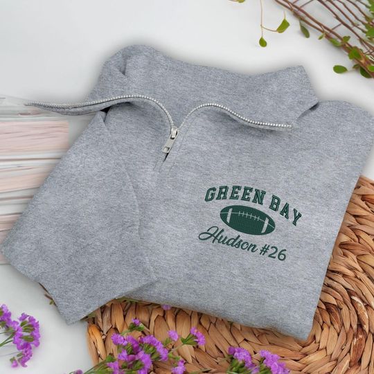 Embroidered Green Bay Quarter Zip Sweatshirt: Personalized Football Pullover, Custom Cozy Game Day