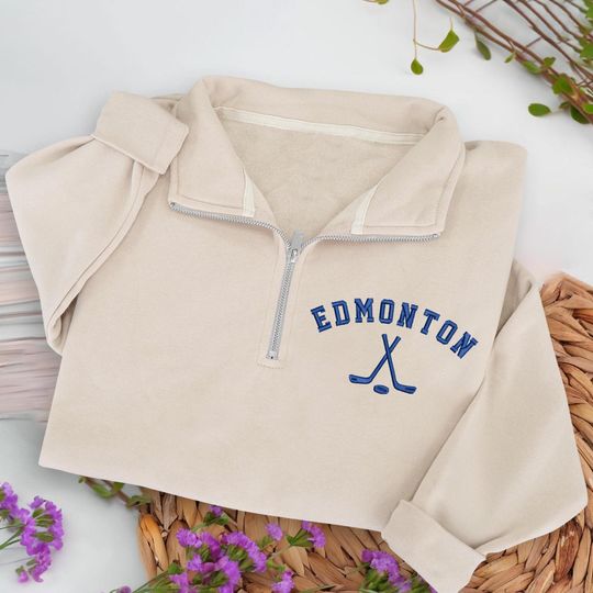 Edmonton Hockey Embroidered Quarter Zip Sweatshirt, Cozy Cotton Blend Pullover