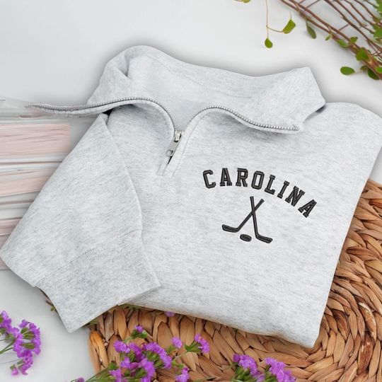 Carolina Hockey Embroidered Quarter Zip Sweatshirt, Cozy Cotton Blend Pullover