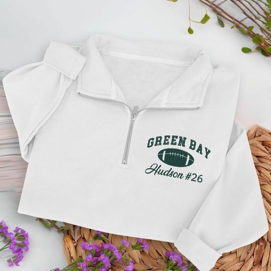 Embroidered Green Bay Quarter Zip Sweatshirt: Personalized Football Pullover, Custom Cozy Game Day