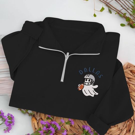 Embroidered Dallas Ghost Football Quarter Zip Sweatshirt: Cozy Game Day, Halloween Pullover