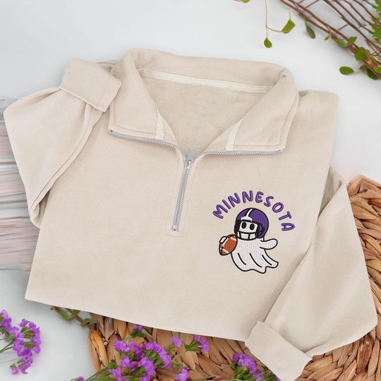 Embroidered Minnesota Ghost Football Quarter Zip Sweatshirt: Cozy Game Day, Halloween Pullover