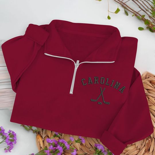 Carolina Hockey Embroidered Quarter Zip Sweatshirt, Cozy Cotton Blend Pullover