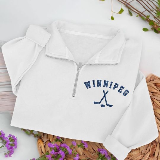 Winnipeg Hockey Embroidered Quarter Zip Sweatshirt, Cozy Cotton Blend Pullover
