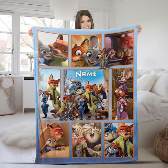 Zootopia Fleece Blanket with Nick Wilde & Judy Hopps Names, Birthday and Christmas Gift