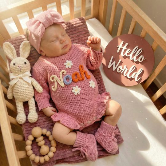Custom Hand-Embroidered Baby Romper, Personalized Name Outfit, Heirloom Keepsake, Gender Neutral Crochet Set