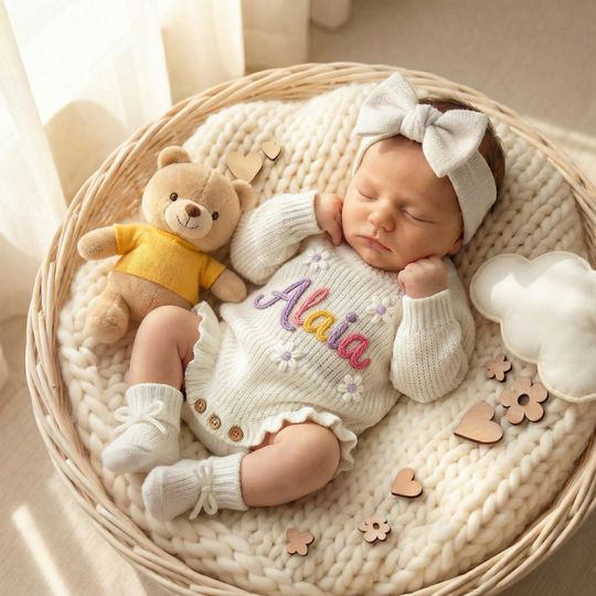 Custom Hand-Embroidered Baby Romper, Heirloom Keepsake Coming Home Outfit