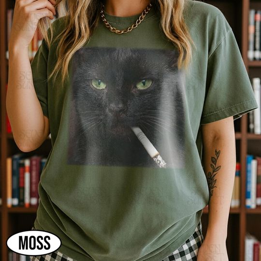 Funny Smoking Cat Shirt, Cigarette Black Cat Face Shirt, Black Cat Meme Shirt, Retro Grunge Meme Shirt, Unique Gift For Gen Z