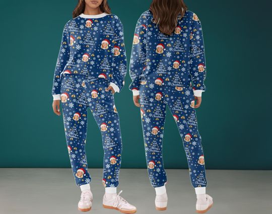 Custom Photo Coral Fleece Pajama Set, Personalized Face Lounge Set