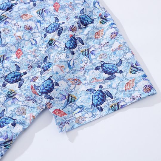 Gift for Him: Blue Sea Turtle Hawaiian Shirt - Cotton Aloha Button Down