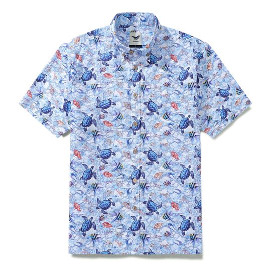 Gift for Him: Blue Sea Turtle Hawaiian Shirt - Cotton Aloha Button Down