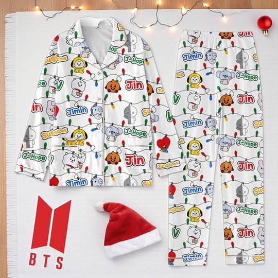 BTS Tangled With Christmas Lights Holiday Pajamas Set | Christmas Sleepwear for ARMY | Festive Kpop Xmas Outfit