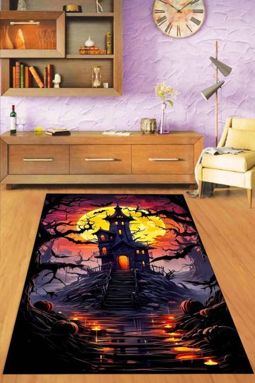 Haunted Mansion Halloween Rug, Spooky Moonlit Castle Carpet, Dark Fantasy Decor Mat