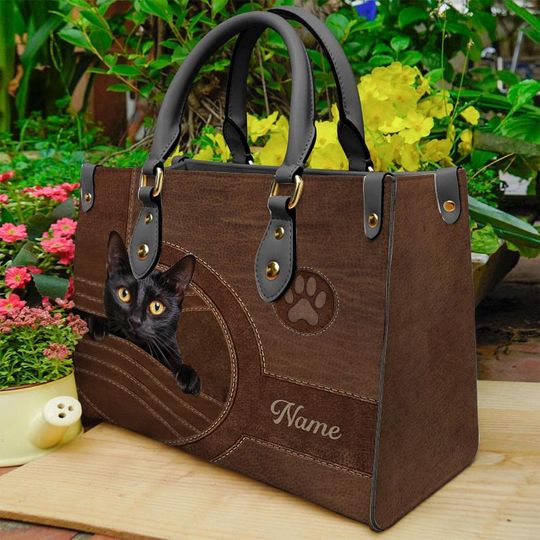 Personalized Cat Leather Handbag for Women, Black Cat Tote Bag, Custom Pet Portrait Bag, Bag For Cat Mom, Cat Lovers Bag Gift