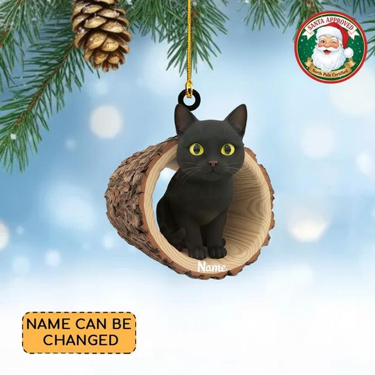 Personalized Black Cat Christmas Ornament, Black Cat Tree Trunk Ornament, Black Cat Tree Hollow Ornament Decor, Cat Lovers Gift
