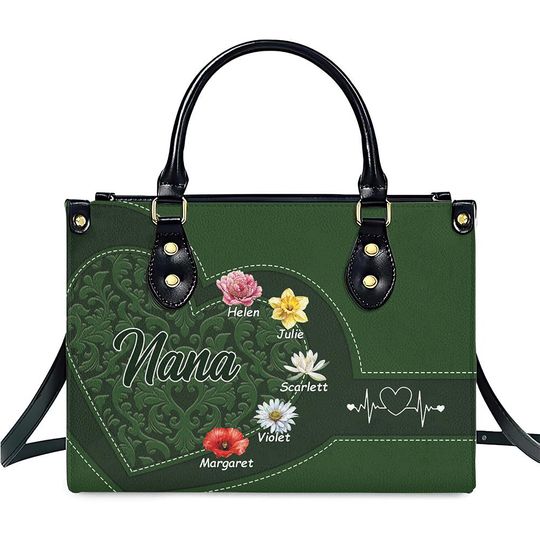 Personalized Birth Month Flowers Grandma's Garden Leather Handbag, Grandma, Mom Tote Bag, Christmas Gifts, Mother's Day Gifts