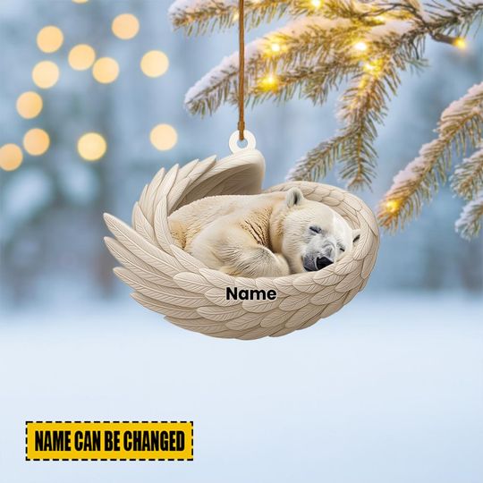 Personalized Polar Bear Sleeping Angel Wings Ornament, Polar Bear Christmas Ornament Decor, Bear Xmas Gift