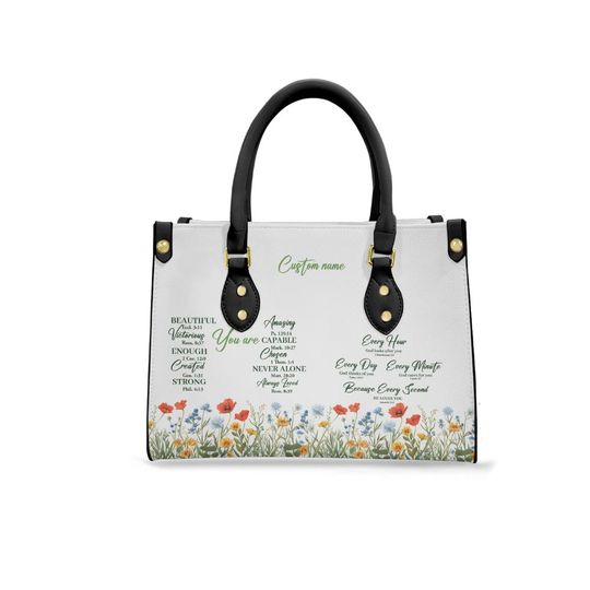 Personalized Leather Handbag With Bible Verse, Custom Name God Says You Are Cross Wildflower, Religious Christian Gift Handbag