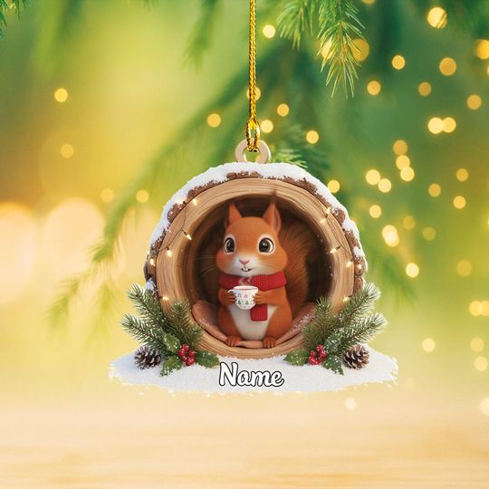 Personalized Squirrel Christmas Ornament, Squirrel Tree Trunk Ornament, Squirrel Tree Hollow Ornament Decor, Squirrel Lovers Gift