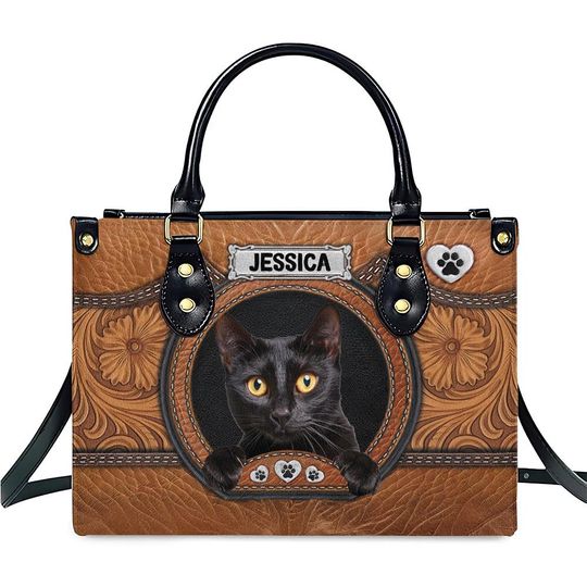 Personalized Black Cat Leather Handbag For Women, Cat Tote Bag, Custom Pet Portrait Bag, Animals PU Leather Bag Gift, Cat Mom Gift