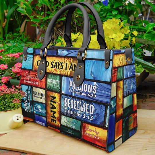 Personalized God Says I Am Leather Handbags, Jesus Motivational Religious Bag- Bible Bags for Women, Baptism Gifts, Church Bag