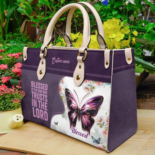 Personalized Leather Handbag With Butterfly, Blessed Christian Handbag,Christian Gift Handbag, Religious Leather Bag
