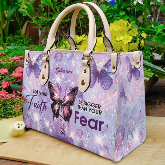 Personalized Leather Handbag With Bible Verse, Let Your Faith Be Bigger Than Your Fear, Christian Butterfly Blessed Handbag