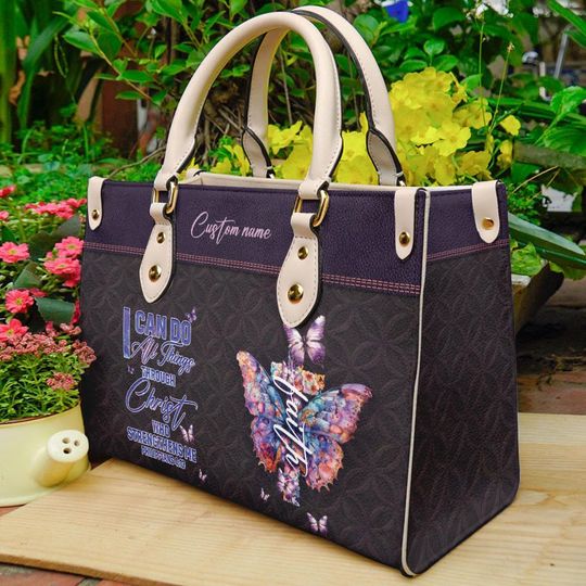 Personalized Leather Handbag With Bible Verse, I Can Do All Things Through Him Who Strengthens Me, Christian Butterfly Handbag