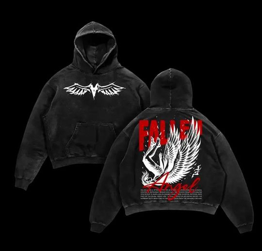 Fallen Angel Vintage Washed Hoodie Apparel  Dark Angel Wing Graphic