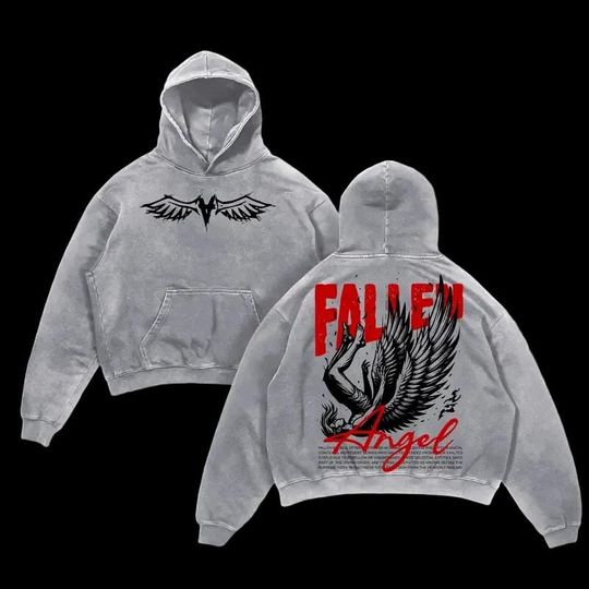 Fallen Angel Vintage Washed Hoodie Apparel  Dark Angel Wing Graphic
