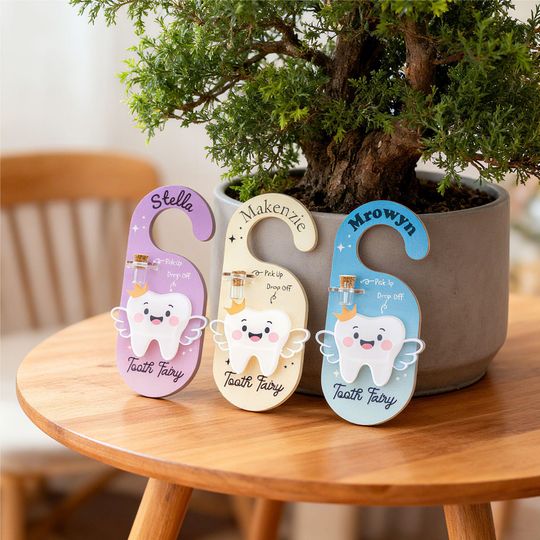 Personalized Tooth Fairy Door Hanger, Custom Name Tooth Holder with Jar and Money Slot, Kids Tooth Fairy Gift for Boys and Girls
