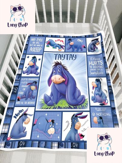 Personalized Eeyore Blanket, Eeyore Baby Name Blanket, Winnie The Pooh Eeyore Birthday Party Blanket, Eeyore Christmas Gifts