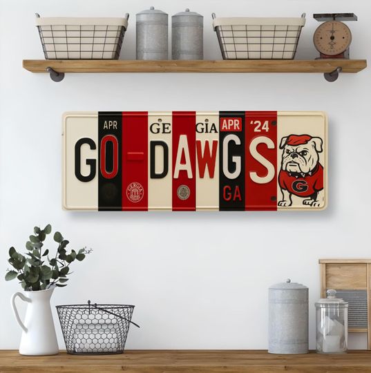 Go Dawgs License Plate Sign - GA Bulldogs Metal Wall Art for Fan Cave, Dorm, and Game Day Decor