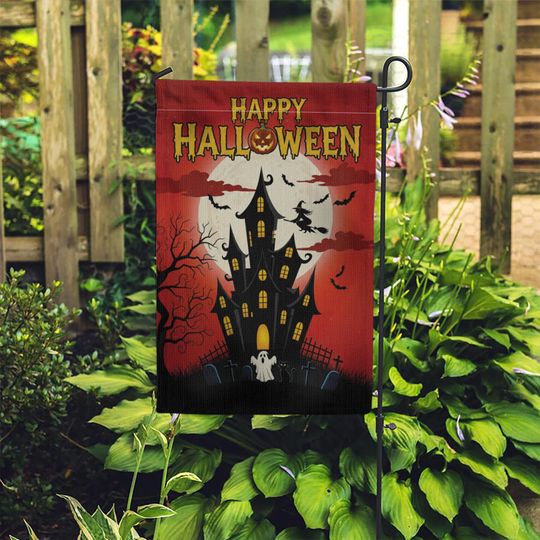 Halloween Garden Flag: Haunted House, Witch & Bats Decor