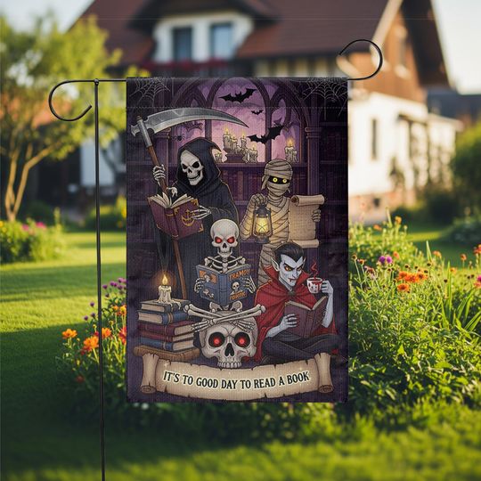 Halloween Reading Garden Flag  Grim Reaper Vampire Mummy Skeleton Book Lover Decor