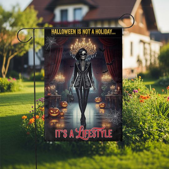 Gothic Halloween Garden Flag: Skeleton, Pumpkins & Bats - Weather Resistant