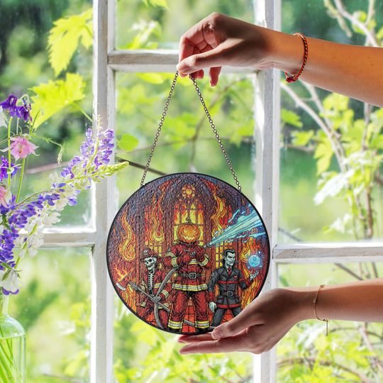 Halloween Firefighter Suncatcher Gothic Pumpkin Head Window Decor Spooky Fall Gift