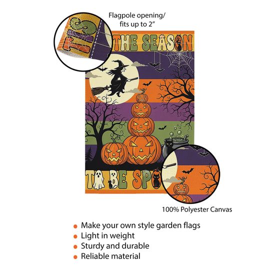 Halloween Garden Flag: Witch, Pumpkin & Black Cat - Outdoor Decor