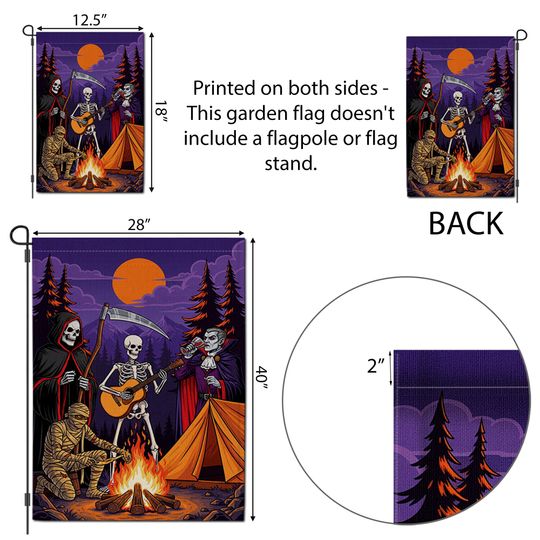 Halloween Campfire Garden Flag  Grim Reaper Skeleton Vampire Mummy Funny Spooky Decor
