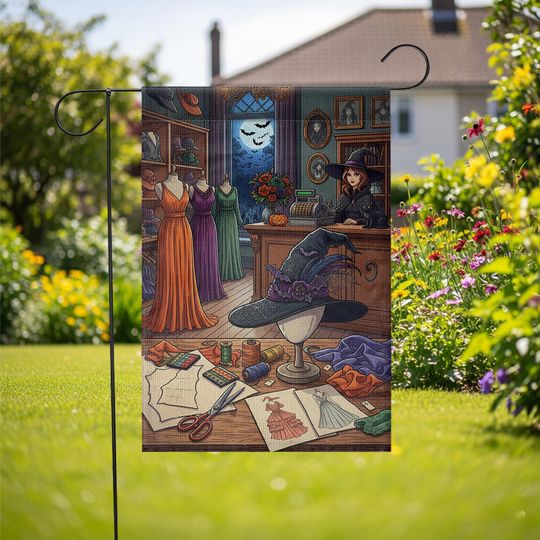 Witch Sewing Room Garden Flag: Halloween Dressmaker Decor