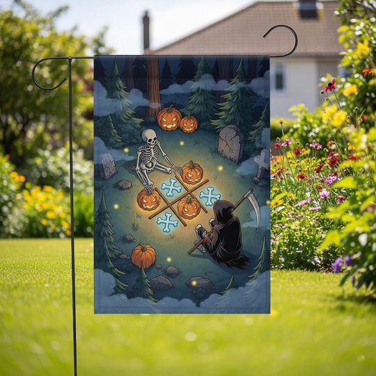 Halloween Garden Flag: Grim Reaper & Skeleton - Spooky Yard Decor