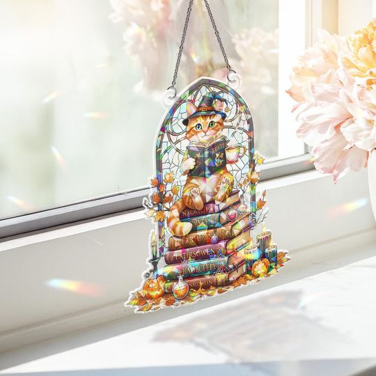 Stained Glass Witch Cat Suncatcher: Halloween Book Stack Window Decor