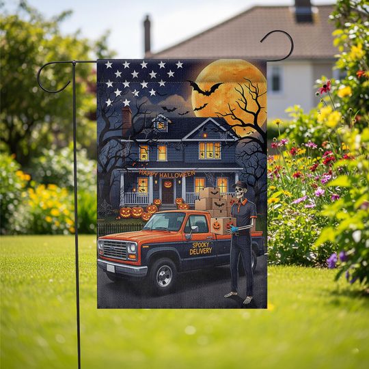 Skeleton Delivery Driver Halloween Garden Flag: Spooky Fall Decor