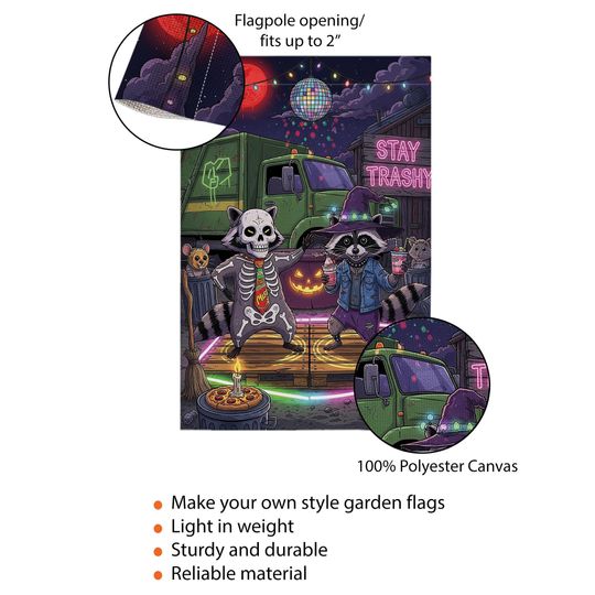 Stay Trashy Halloween Garden Flag: Raccoon Skeleton Witch Party Decor
